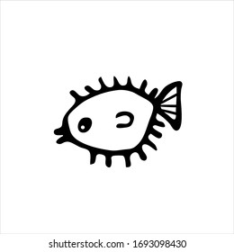 Poisonous Hedgehog Fish, porcupine fish, an inhabitant of the deep sea for logo, icon, coloring. Stock vector illustration isolated on transparent background. Hand drawn blowfish doodle black outline.