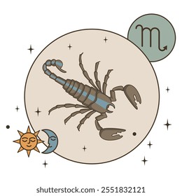 Inseto venenoso em círculo com estrelas, lua e sol. Escorpião é um signo do zodíaco. Postcard vintage ilustração vetor plana. Eps10
