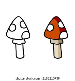 Poisonous mushroom. Fly agaric with red cap. Outline cartoon illustration