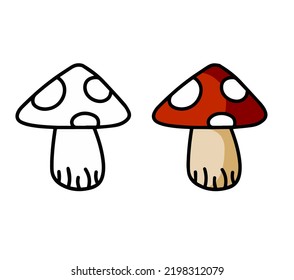 Poisonous mushroom. Fly agaric with red cap. Outline cartoon illustration