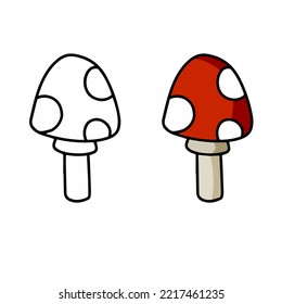 Poisonous mushroom. Fly agaric with red cap. Outline cartoon illustration