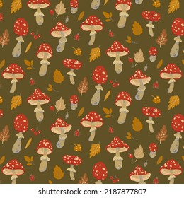 Seta envenenada, gorras rojas amanita, mosca agaric. Diseño de patrones sin fisuras de otoño. Hojas de bosque y hongo lindo fondo vectorial dibujado a mano. Colorida textura de impresión estacional.