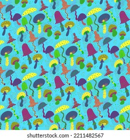 Poisonous mushroom seamless pattern. Fairy fungi vector repeat for scrapbooking and greeting paper. Hipster halloween design