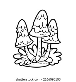 Poisonous mushrooms among grass and moss linear drawing for coloring isolated on white background