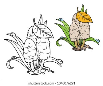 Poisonous mushrooms among green grass color and outlined for coloring page