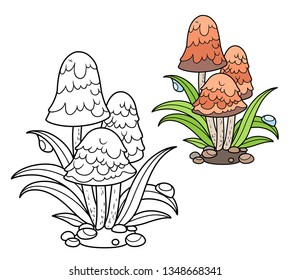 Poisonous mushrooms among green grass stalks with drops of dew color and outlined for coloring page