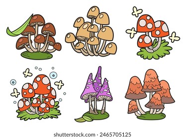 Poisonous mushrooms color variation isolated on white background. Image produced without the use of any form of AI software at any stage.