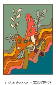 Poisonous mushrooms from forest, cartoon plants and leaves with waves. Colorful bushes with foliage. Abstract design for print. Woods flora and botany diversity. Vector in flat style illustration