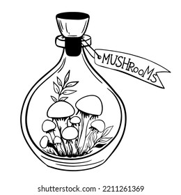 Poisonous Mushrooms With Leaves In Bottle With Cork And Label. Glass Bottle, Flask With Potion, Magic Elixir. Mystical Illustration For Witches, For Halloween, For Alchemy.  Style Of Doodle. 