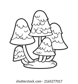 Poisonous mushrooms on moss linear drawing for coloring isolated on white background