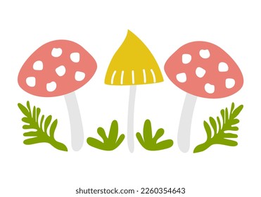 Poisonous mushrooms red fly and yellow grebes with green leaves .Flat cartoon style illustration .Children illustration