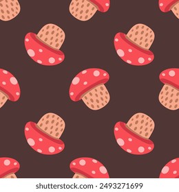 Setas venenosas sin patrón. Amanita muscaria. Volar los hongos rojos agarics sobre fondo oscuro. Diseño de otoño y Halloween para tela, textil, estampados. Ilustración vectorial.