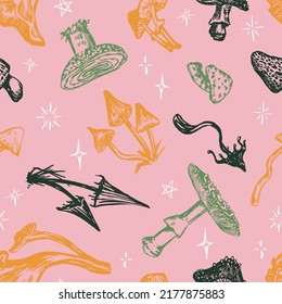Poisonous mushrooms seamless pattern. Ornament of autumn forest. Vector illustration in retro style. Abstract design for halloween decor, wallpaper, background.