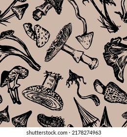 Poisonous mushrooms seamless pattern. Ornament of autumn forest. Vector illustration in retro style. Abstract design for halloween decor, wallpaper, background.