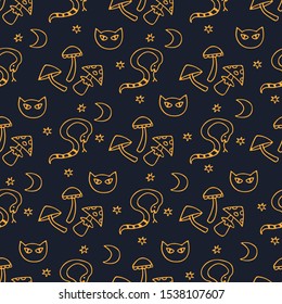 Poisonous mushrooms and snakes. Ingredients for potion. Seamless pattern. Halloween vector illustration. Hand drawn style. Design element for wallpaper, wrapping paper, fabric.