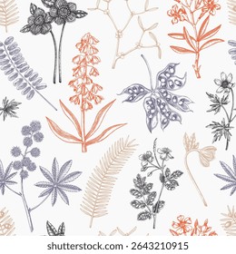 Poisonous plants background. Witch herbs seamless pattern. Apothecary design in sketch style. Hand drawn vector illustration. 