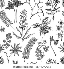 Poisonous plants background. Witch herbs seamless pattern. Apothecary design in sketch style. Hand drawn vector illustration. 