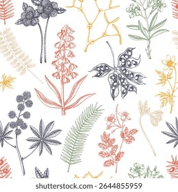 Poisonous plants background. Witch herbs seamless pattern. Apothecary design in sketch style. Hand drawn vector illustration. 