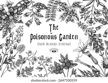 Poisonous plants background. Witch herbs banner design. Vintage apothecary frame template. Hand drawn vector illustration. NOT AI generated