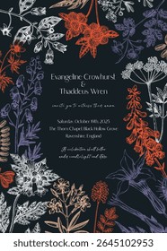 Poisonous plants hand drawn illustration. Gothic wedding invitation design template. Witchcraft,witch herbs apohecary frame.  NOT AI generated