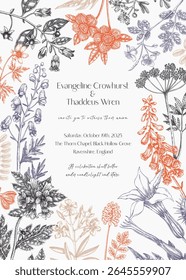 Poisonous plants hand-drawn vector illustration. Gothic wedding invitation design template. Witchcraft, witch herbs apothecary frame, card, print.  NOT AI generated