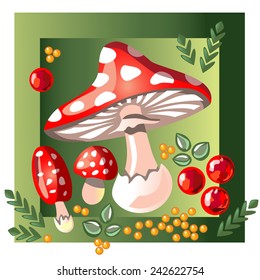 Poisonous Plants and Mushrooms. Amanita, berries and herbs. Cartoon Forest plants.