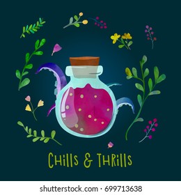Poisonous potion. Cute bottle and tentacles in floral frame. Cartoon style. Halloween poster, t-shirt or postcard design. Watercolour imitation.