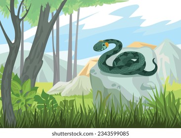 Poisonous reptile in nature. Dangerous snake on rock. Viper in natural habitat. Creeping animal. Wild forest meadow. Serpent on stone. Venomous cobra or python. Splendid