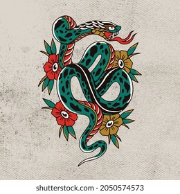 poisonous snake coiling with red rose artwork design
