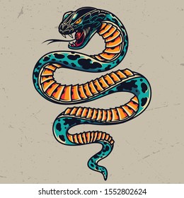 Poisonous snake colorful tattoo concept in vintage style on gray background isolated vector illustration