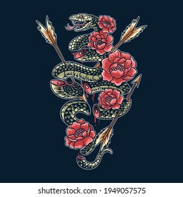 The poisonous snake was cut into pieces from the bow between the flowers artwork vector