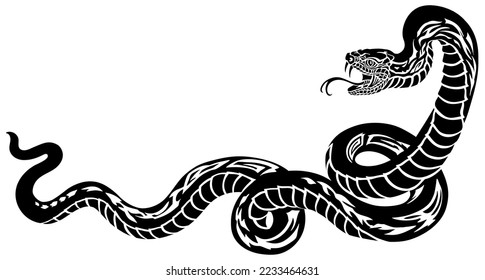 poisonous snake in a defensive position. Attacking posture. Silhouette. Black and white tattoo style vector illustration