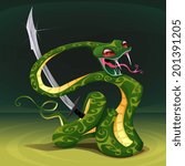 Poisonous snake with saber. Cartoon vector illustration