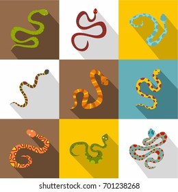 Poisonous snakes icons set. Flat set of 9 poisonous snakes vector icons for web with long shadow