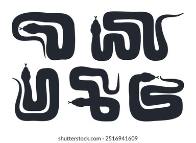 Poisonous snakes silhouettes. Chinese New Year snake zodiac signs, twisted snakes flat vector illustration set. Hand drawn snakes on white