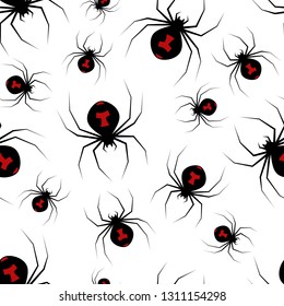 a lot of poisonous spider black widow in chaotic order, black spider with red spot on back, vector seamless wallpaper on white background