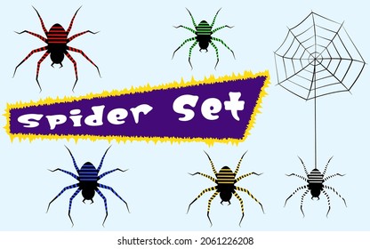Poisonous spider color set with striped pattern and spider web