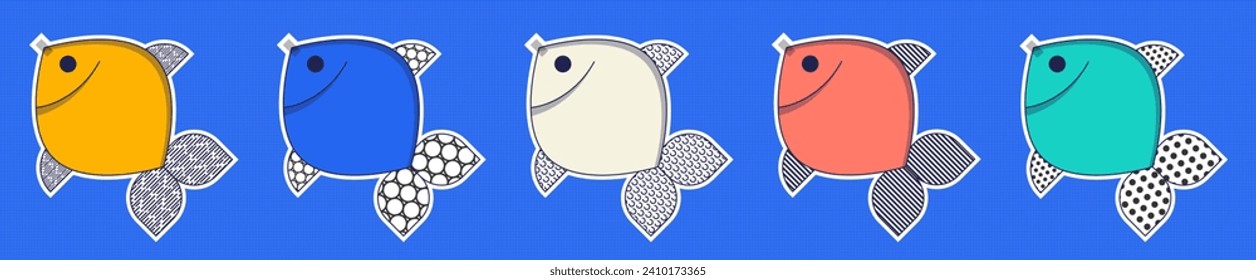 Poisson d'avril. French April Fool's Day stickers set fish. Flat style. Vector illustration	