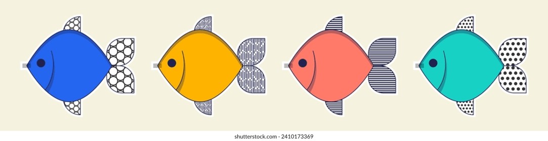 Poisson d'avril. French April Fool's Day stickers set fish. Flat style. Vector illustration	