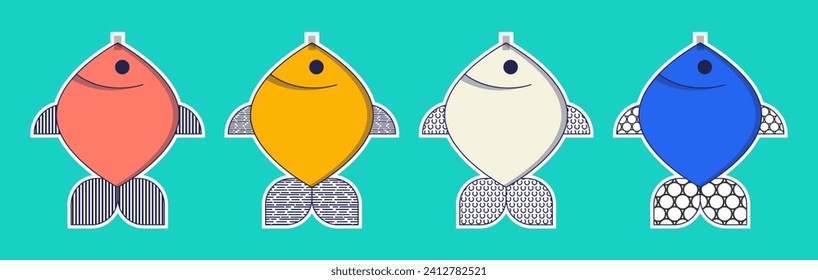 Poisson davril. French April Fools Day stickers set fish. Flat style. Vector illustration	