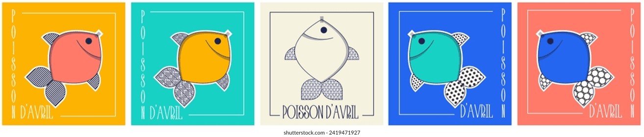 Poisson d'avril. French April Fool's Day cards set fish. Flat style. Vector illustration