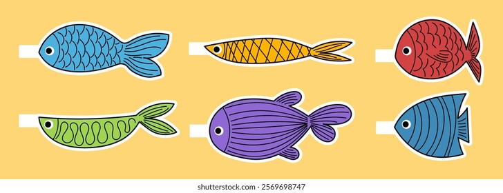 Poisson d'avril. Stickers for French April Fools Day on yellow background. Vector illustration