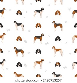 Poitevin Hound seamless pattern. All coat colors set.  All dog breeds characteristics infographic. Vector illustration