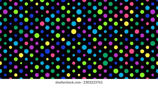 Pokadot bright seamless pattern on black. Abstract multicolor vector background with polka dots. Fun wallpaper with circles. Modern simple geometric pop art backdrop. Festive colorful confetti