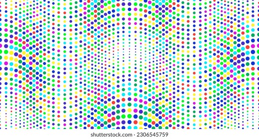 Pokadot multicolor halftone waves seamless pattern. Abstract graphic vector background with polka dots. Fun wallpaper with bright confetti. Modern simple geometric pop art backdrop. Optical illusion