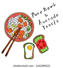 Poke bowl and avocado toasts. Vector cartoon illustration. Isolated objects on a white background. Lettering. Hand-drawn style.