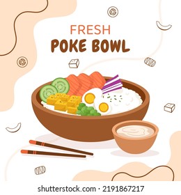 Poke Bowl Food Background Template Hand Drawn Cartoon Flat Illustration