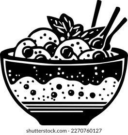 Poke bowl, food, isolated, vintage drawing, vector illustration, black color