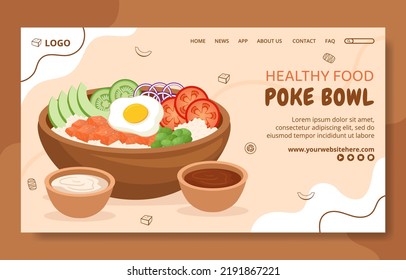 Poke Bowl Food Social Media Landing Page Template Hand Drawn Cartoon Flat Illustration