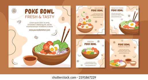 Poke Bowl Food Social Media Post Template Hand Drawn Cartoon Flat Illustration